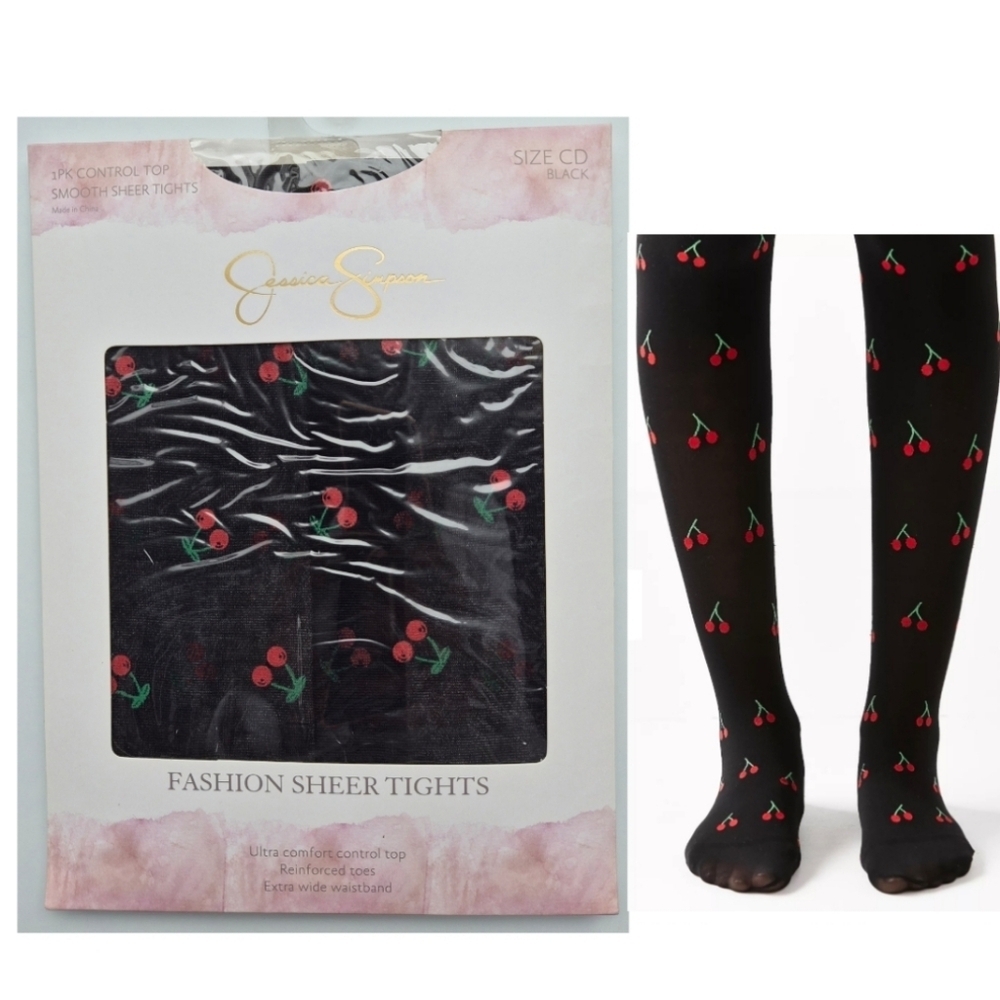 Jessica Simpson Black Sheer Tights with Red Cherry Design